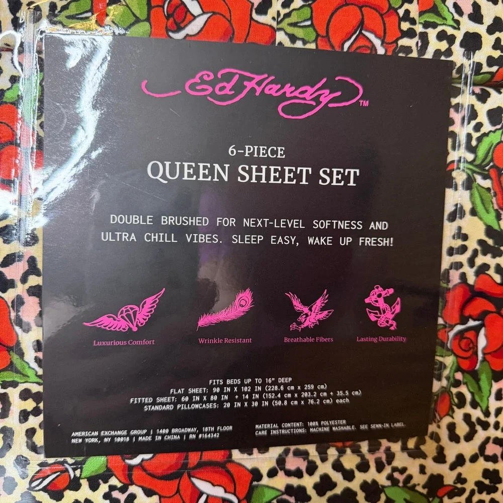 New Ed Hardy Queen 6 Pc Double Brushed Sheet Set Leopard Red Roses Bedding Y2K